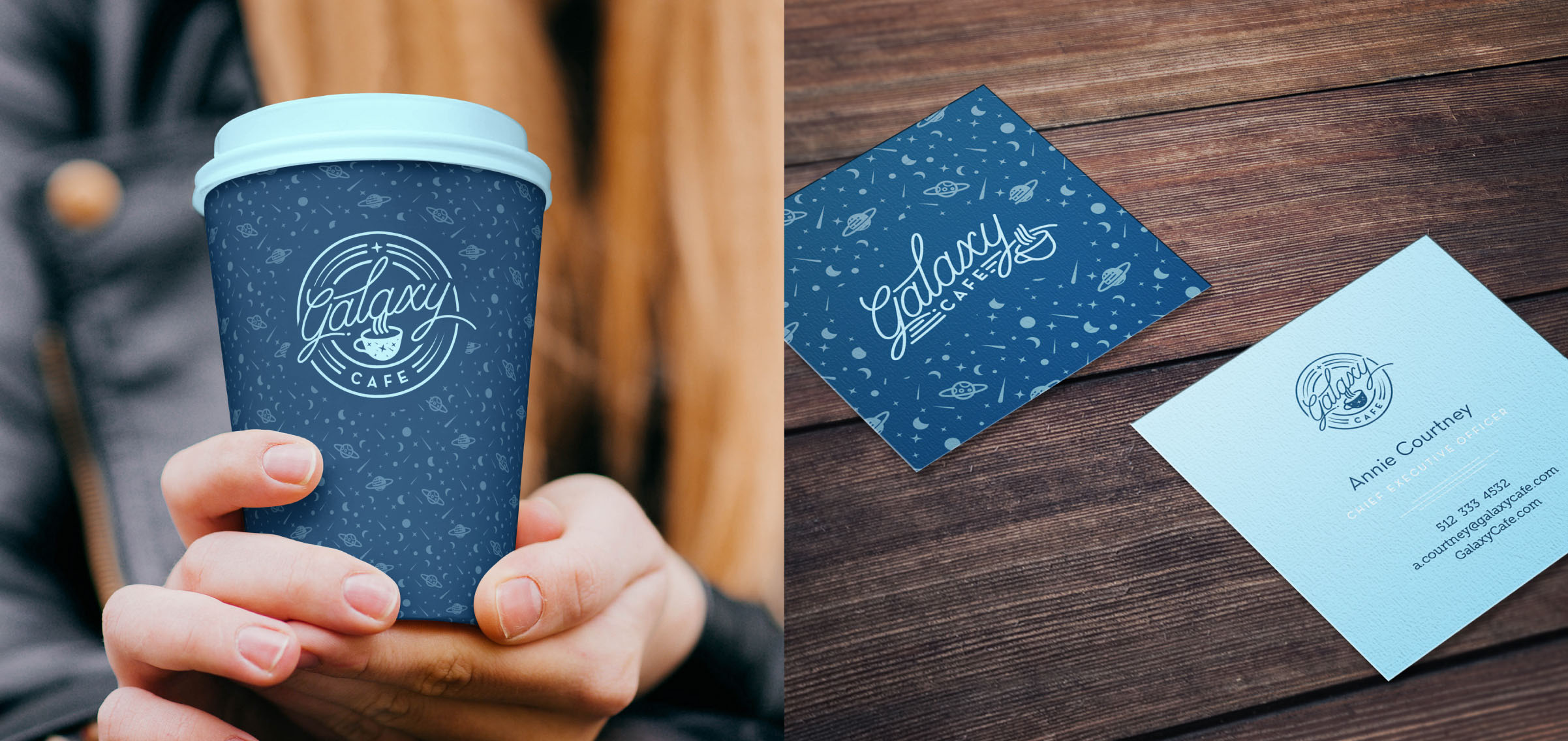 Galaxy Cafe Coffee Cup and Business Card design mockups