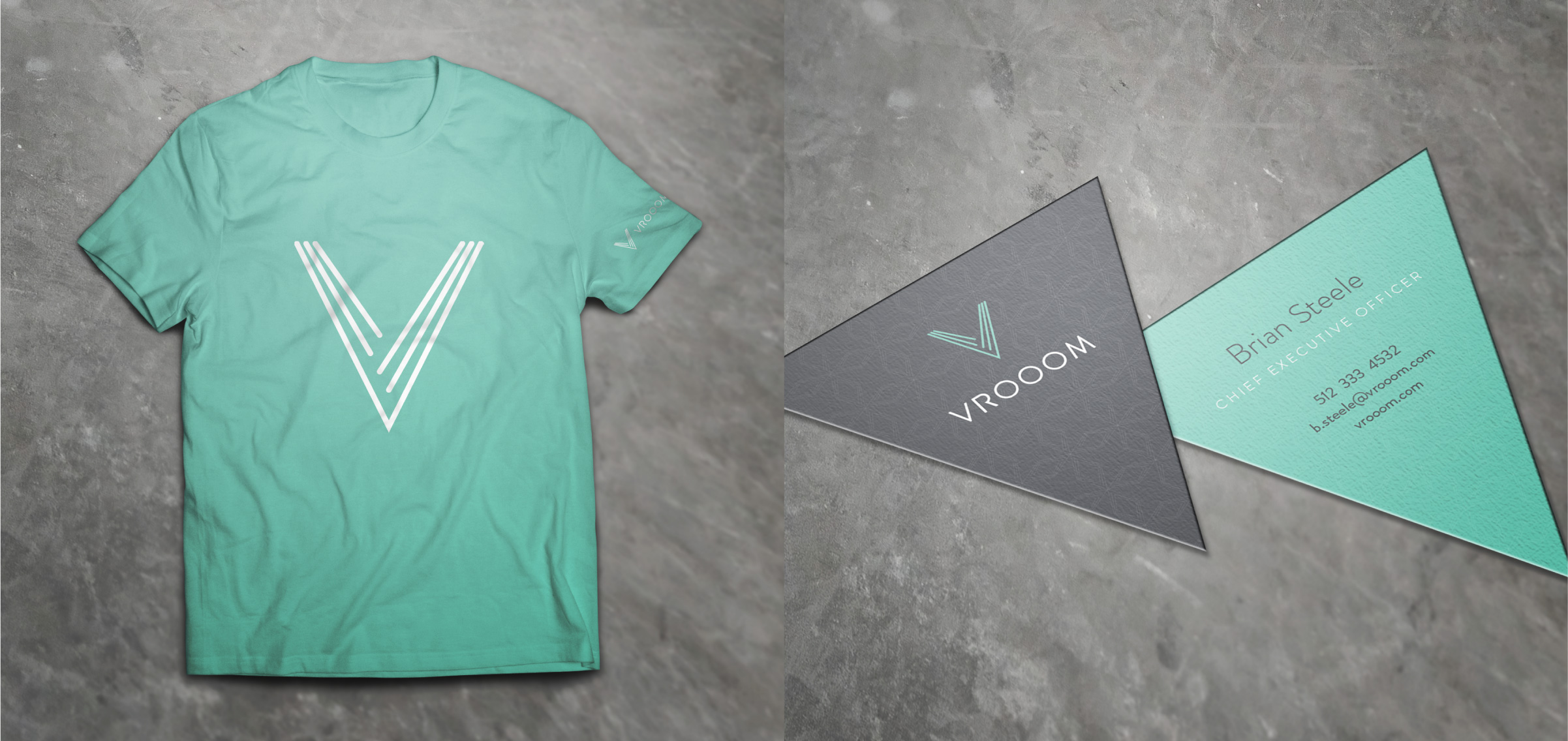 VROOOM Brand Identity T-Shirt and V-Shaped Business Card Mockup